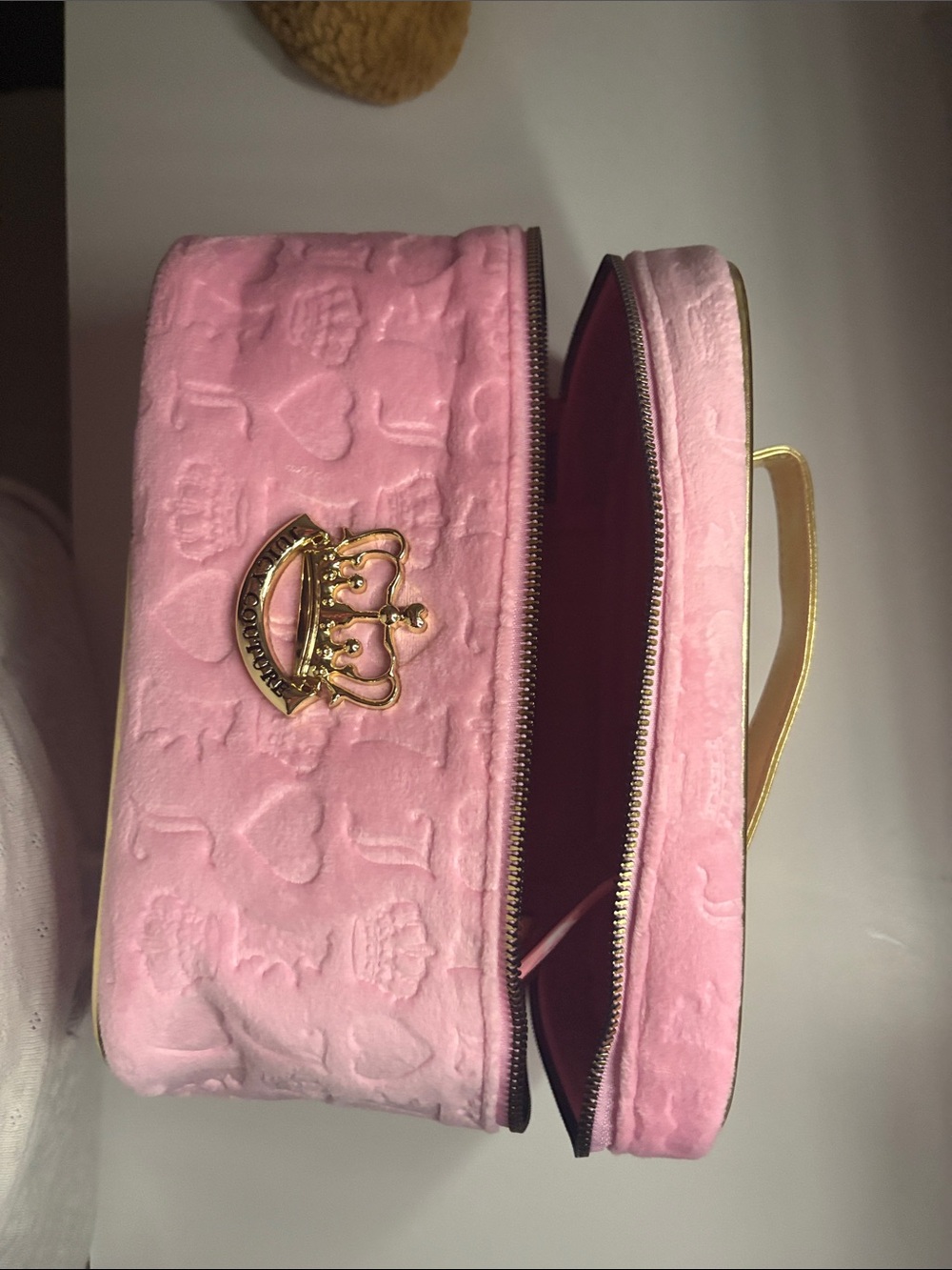 Juicy Coture Pink Velvet Cosmetic Case with Gold Crown Accent